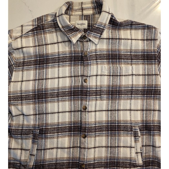 Goodfellow & Co Plaid Shirt Jacket Men's XXL Cream Brown Blue Cotton Shacket - Picture 2 of 6
